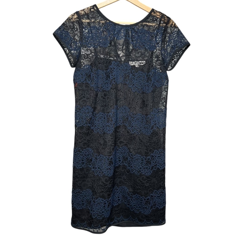 Ann Taylor LOFT Navy Black Stripe Lace Shift Dress Women’s Size 4
